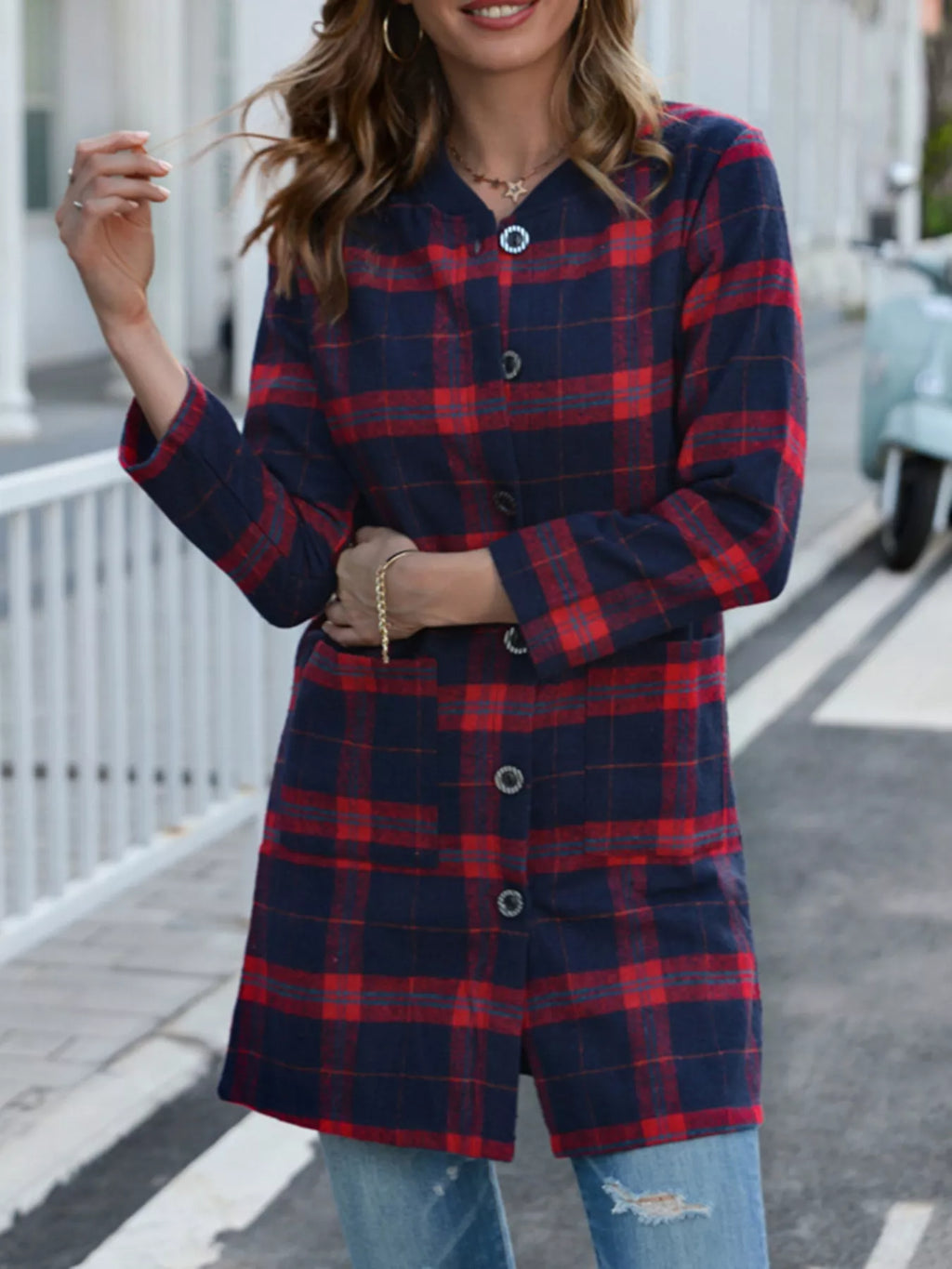 Sarah Express Women's Plus Size Plaid Button-Down Longline Shirt Scarlet