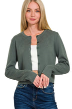 Button-Front Crewneck Long Sleeve Cropped Cardigan