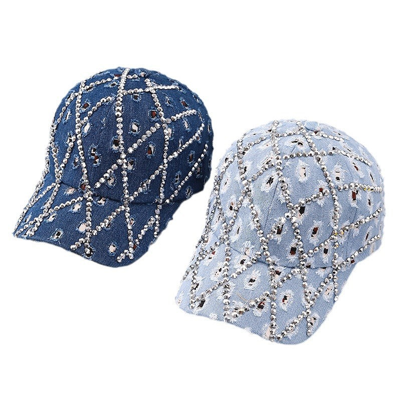 Rhinestone Leopard Denim Baseball Cap Distressed Cotton Adjustable Hat