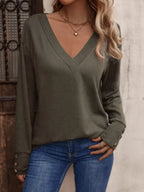 Sarah Express Women's V-Neck Long Sleeve T-Shirt - Button Detail Casual Top
