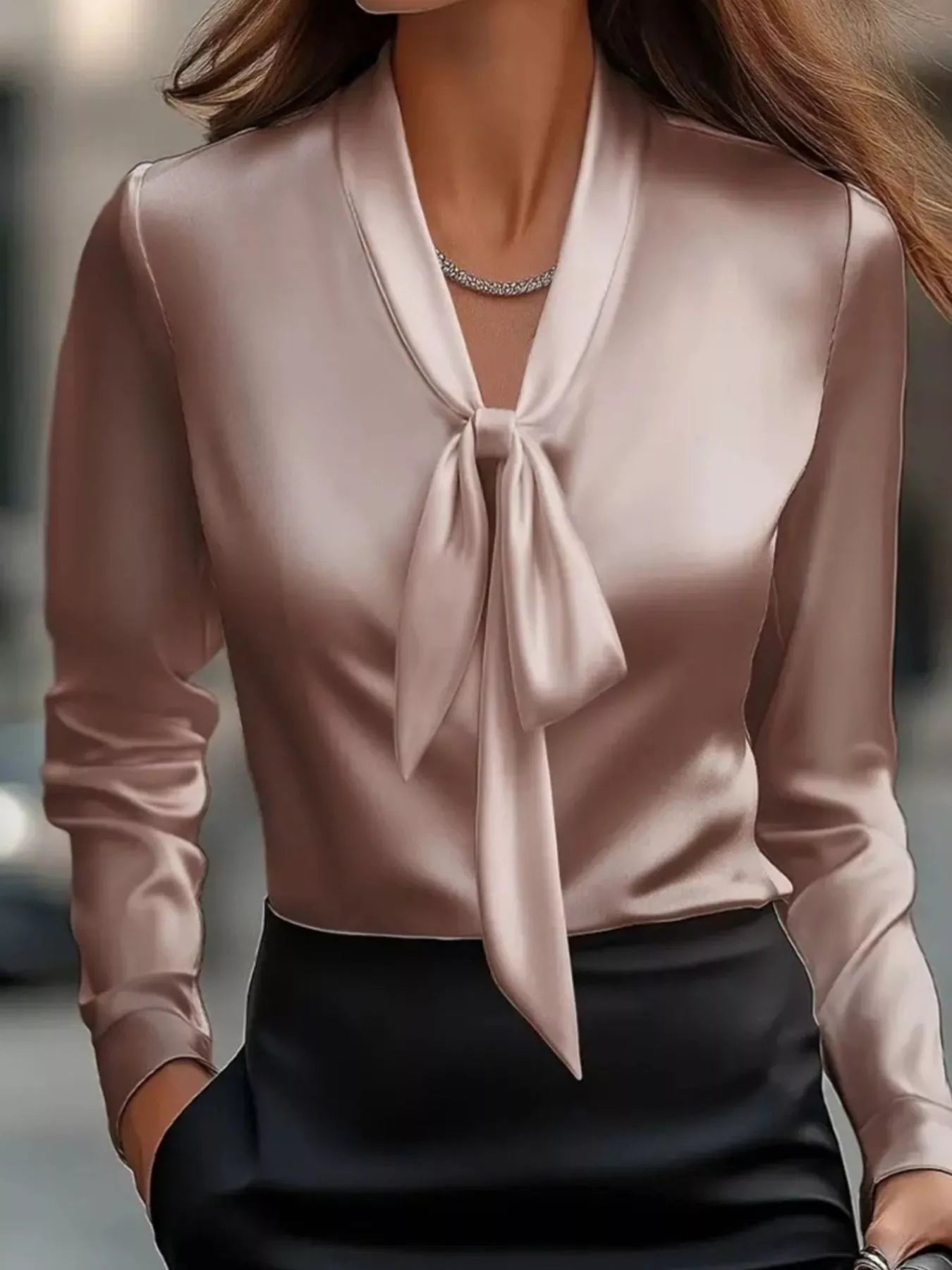 Sarah Express Women's Satin Tie Front Long Sleeve Blouse Pink