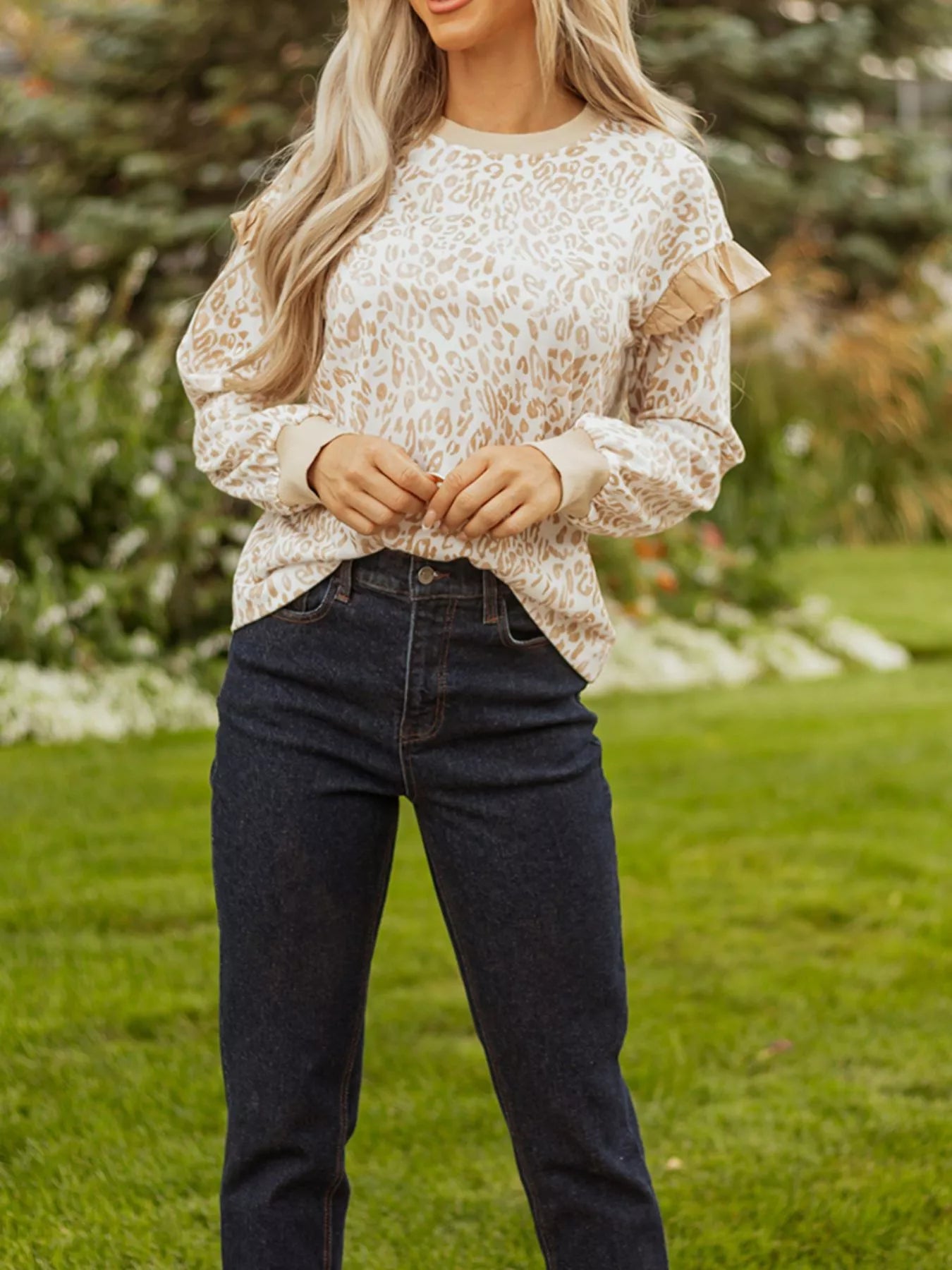 Sarah Express Women's Leopard Ruffle Detail Ribbed Trim Round Neck Sweatshirt