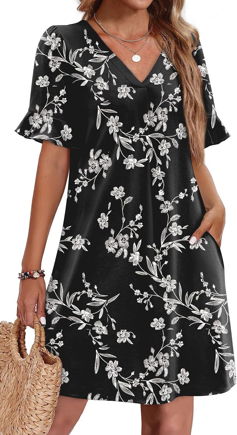 Women's V-Neck Ruffled A-Line Dress with Pockets Vacation Casual Short Sleeve