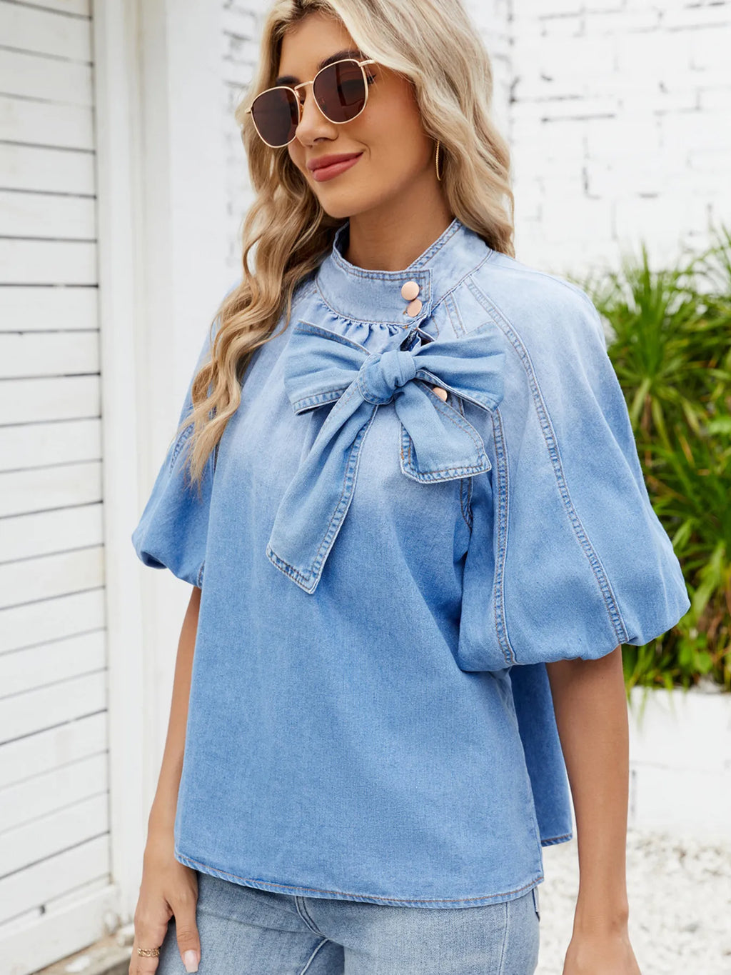 Sarah Express Women's Denim Bow Tie Puff Sleeve Button-Up Top