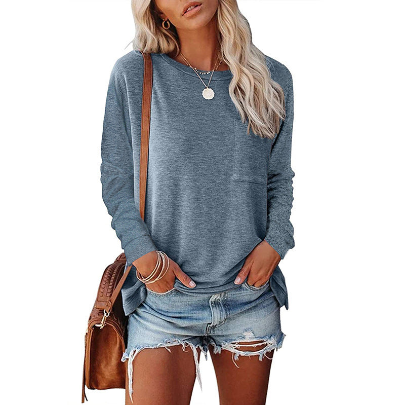 Women's Long Sleeve Pocket T-Shirt Split Hem Casual Cotton Blend Top