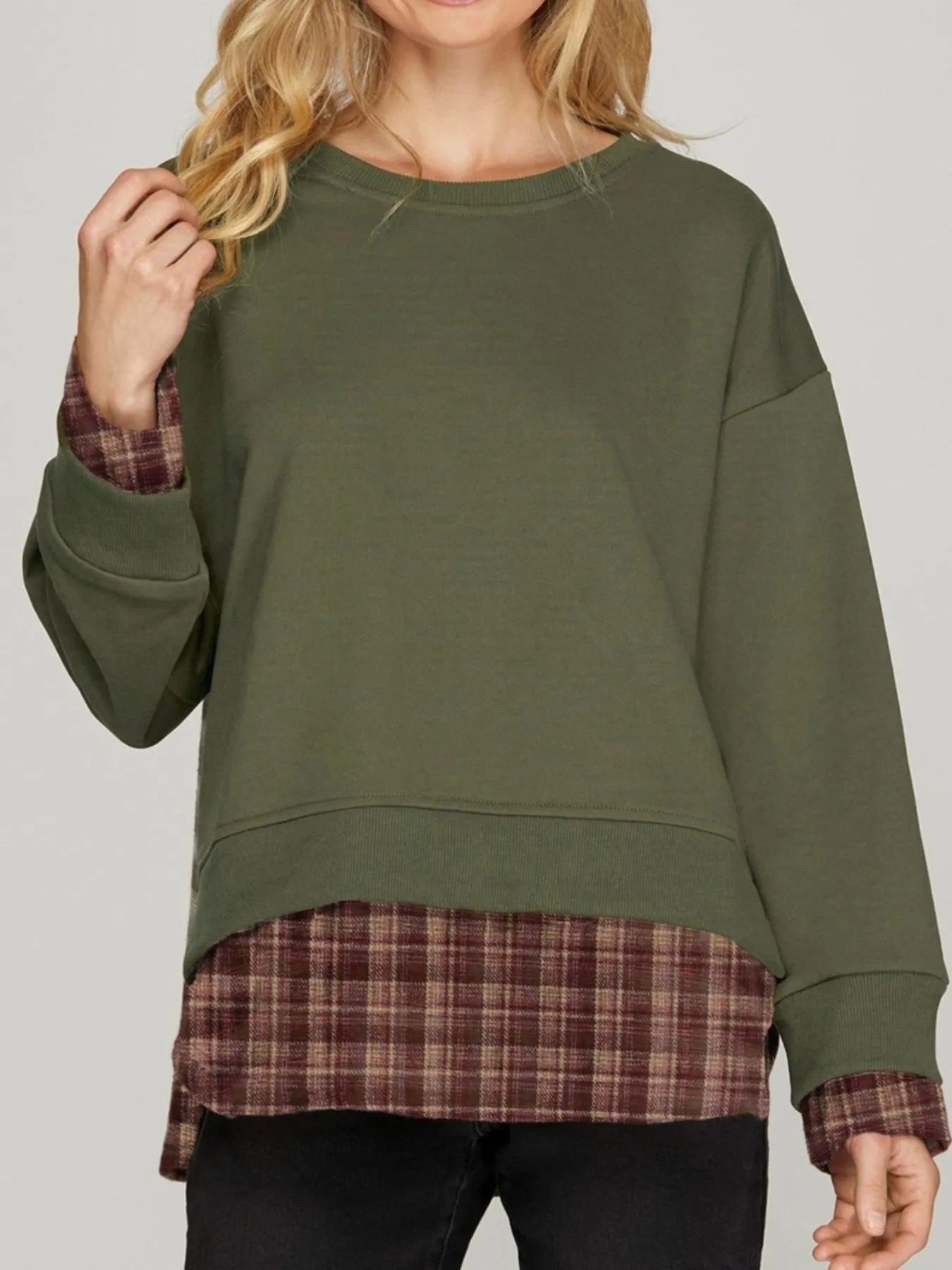 Sarah Express Women's Plaid Patchwork Drop Shoulder Sweatshirt Dark Green