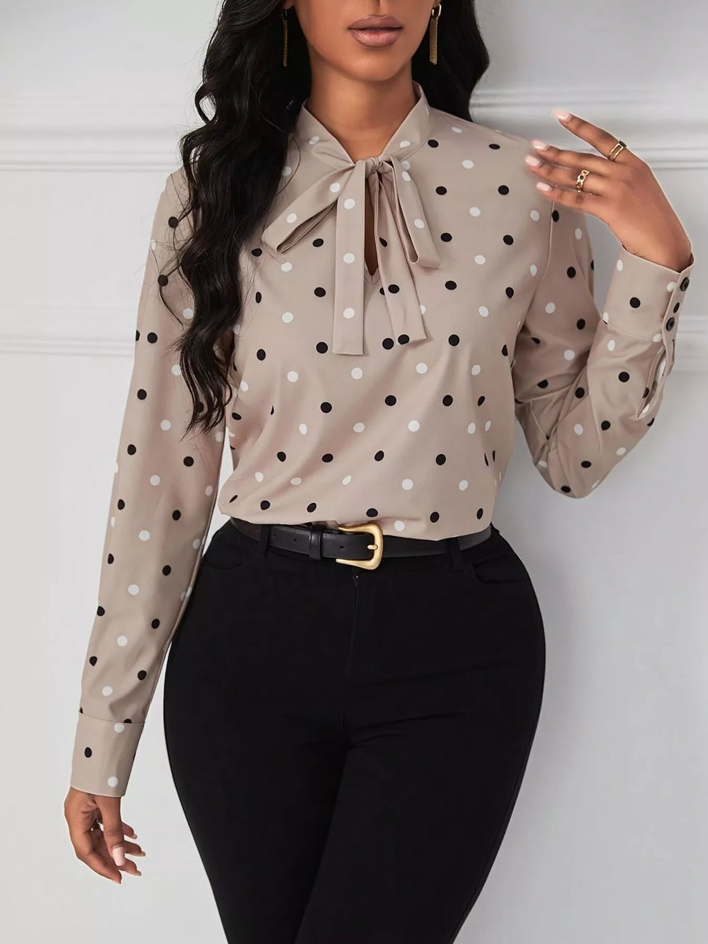 Sarah Express Women's Polka Dot Tie Neck Blouse Dust Storm