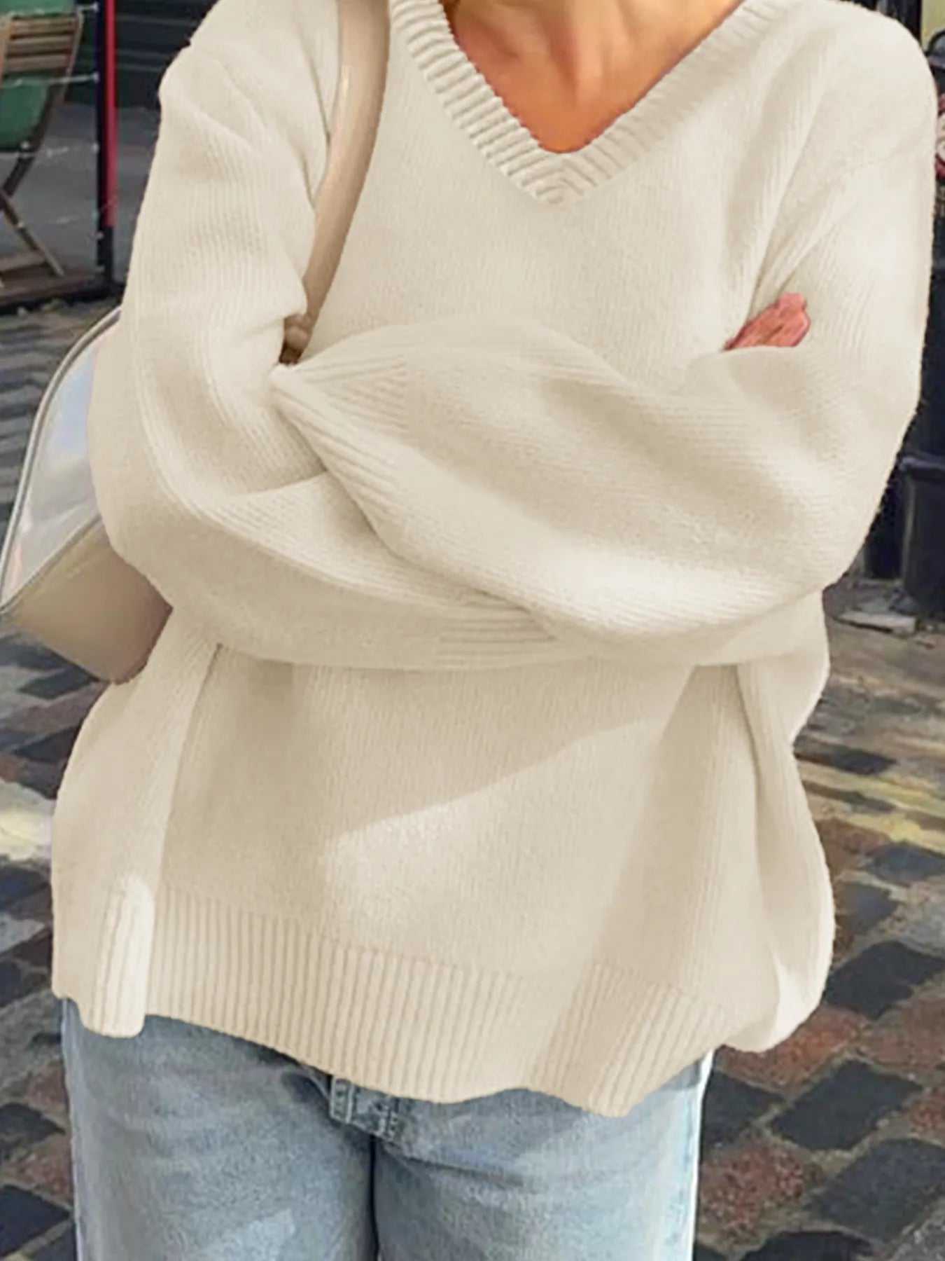 Sarah Express Women's V-Neck Long Sleeve Sweater - Oversized Ribbed Knit Pullover White