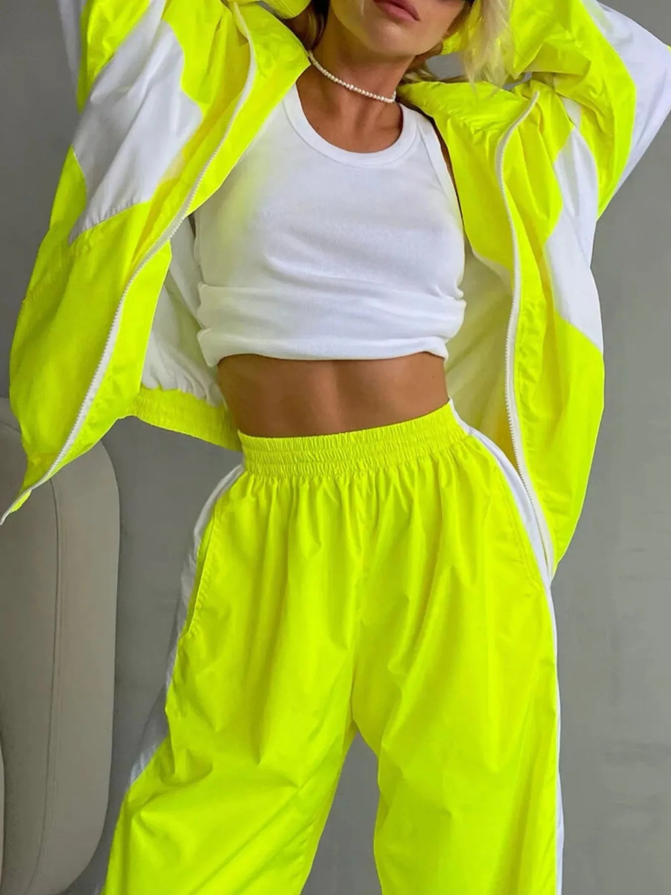 Sarah Express Women's Zip Up Long Sleeve Top and Pants Set Neon Yellow