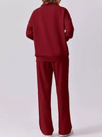 Sarah Express Women's Zip Collar Dropped Shoulder Top and Pants Set