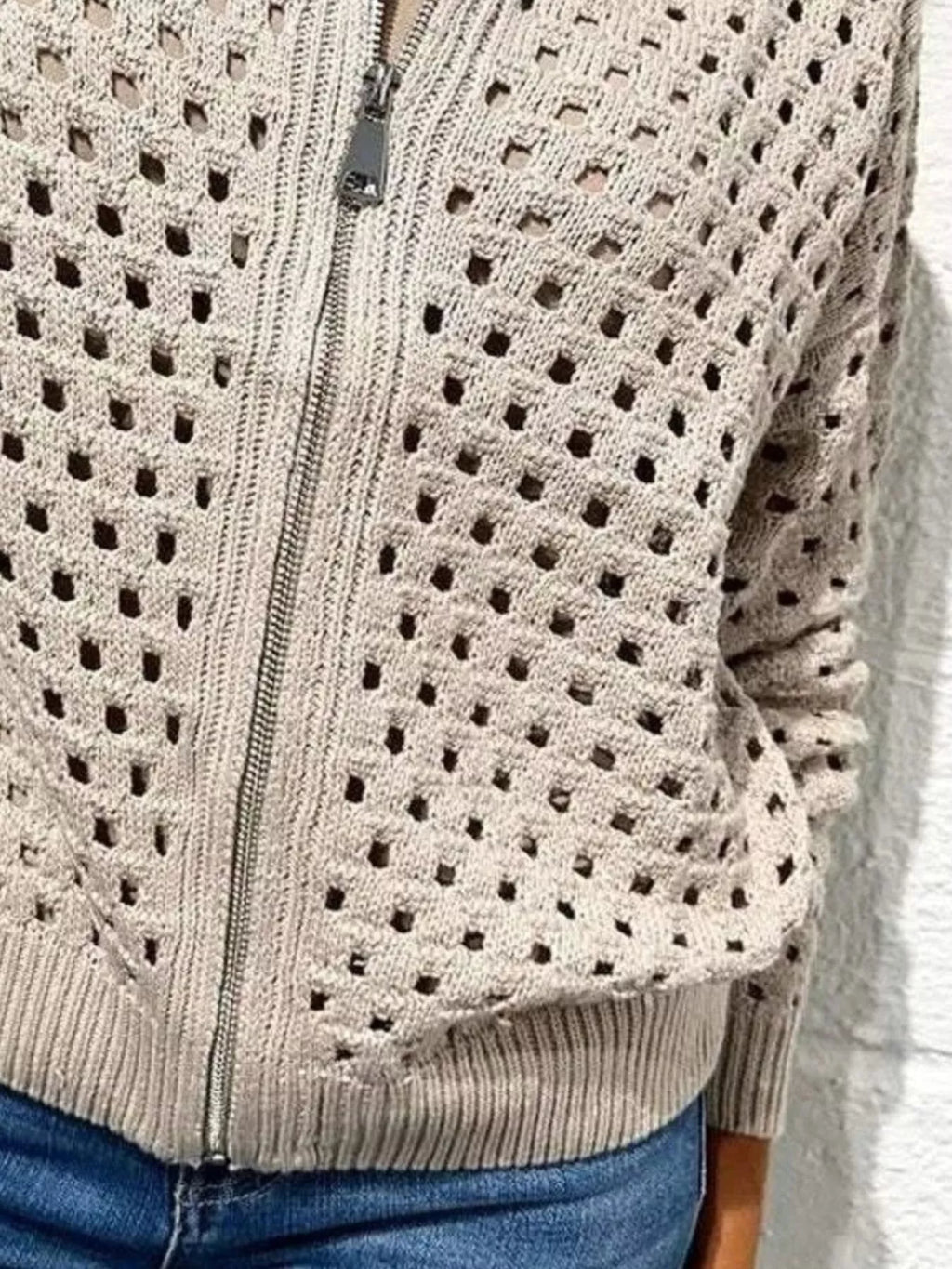 Sarah Express Women's Full Size Zip Up Long Sleeve Cardigan with Eyelet Detail Plus Size