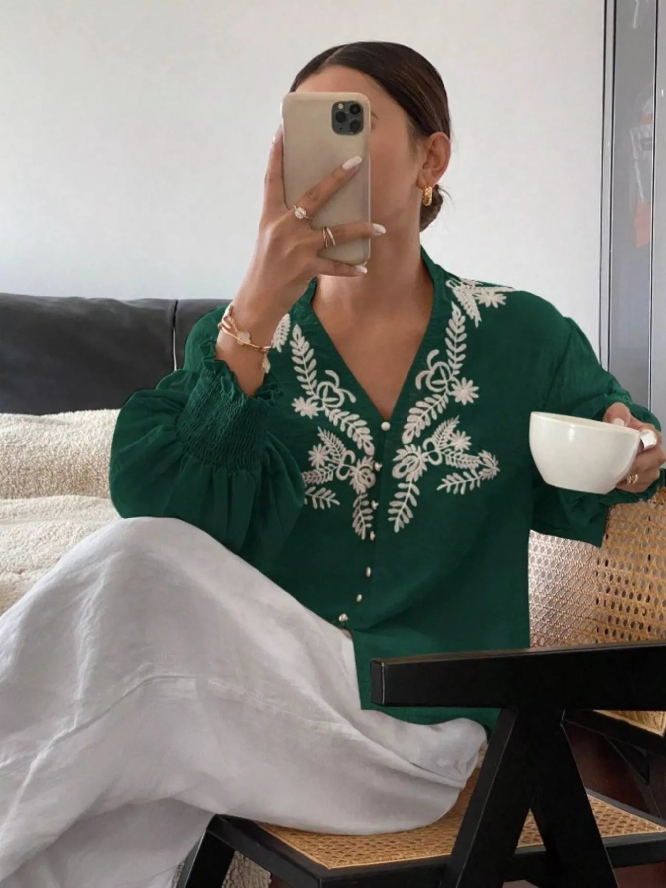 Sarah Express Women's Embroidered Long Sleeve Blouse