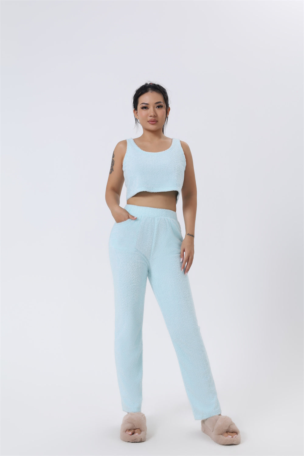 Women's Soft Knit 3 Piece Lounge Set Crop Top Wide Leg Pants Cardigan