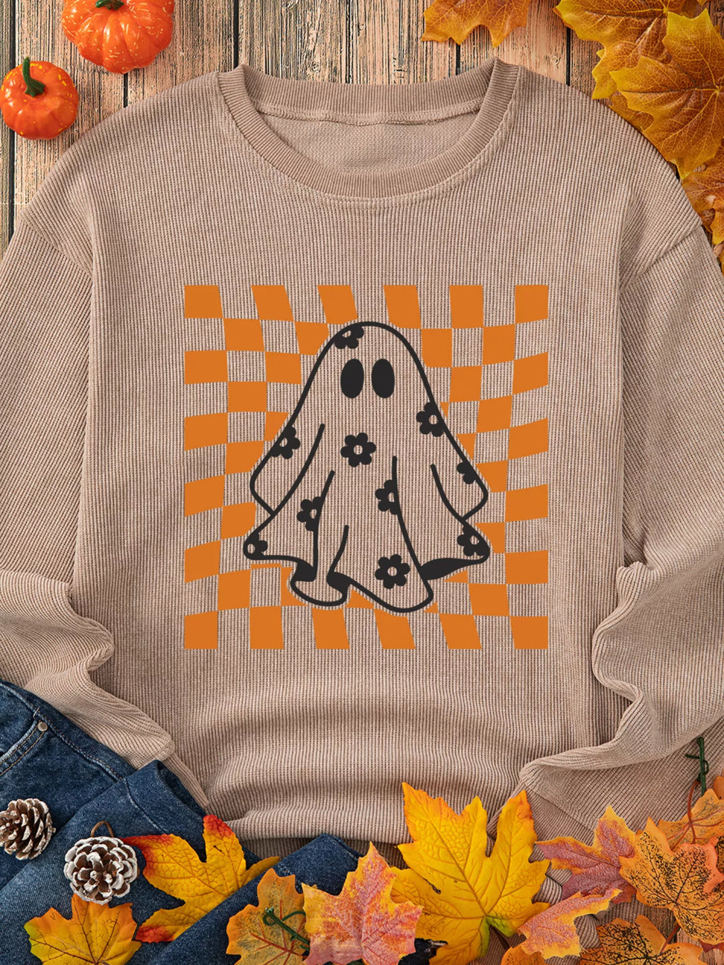 Sarah Express Women's Halloween Checkerboard Floral Ghost Graphic Corded Sweatshirt