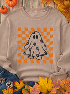 Sarah Express Women's Halloween Checkerboard Floral Ghost Graphic Corded Sweatshirt