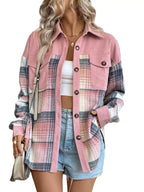 Sarah Express Women's Plaid Button-Up Shacket with Chest Pockets