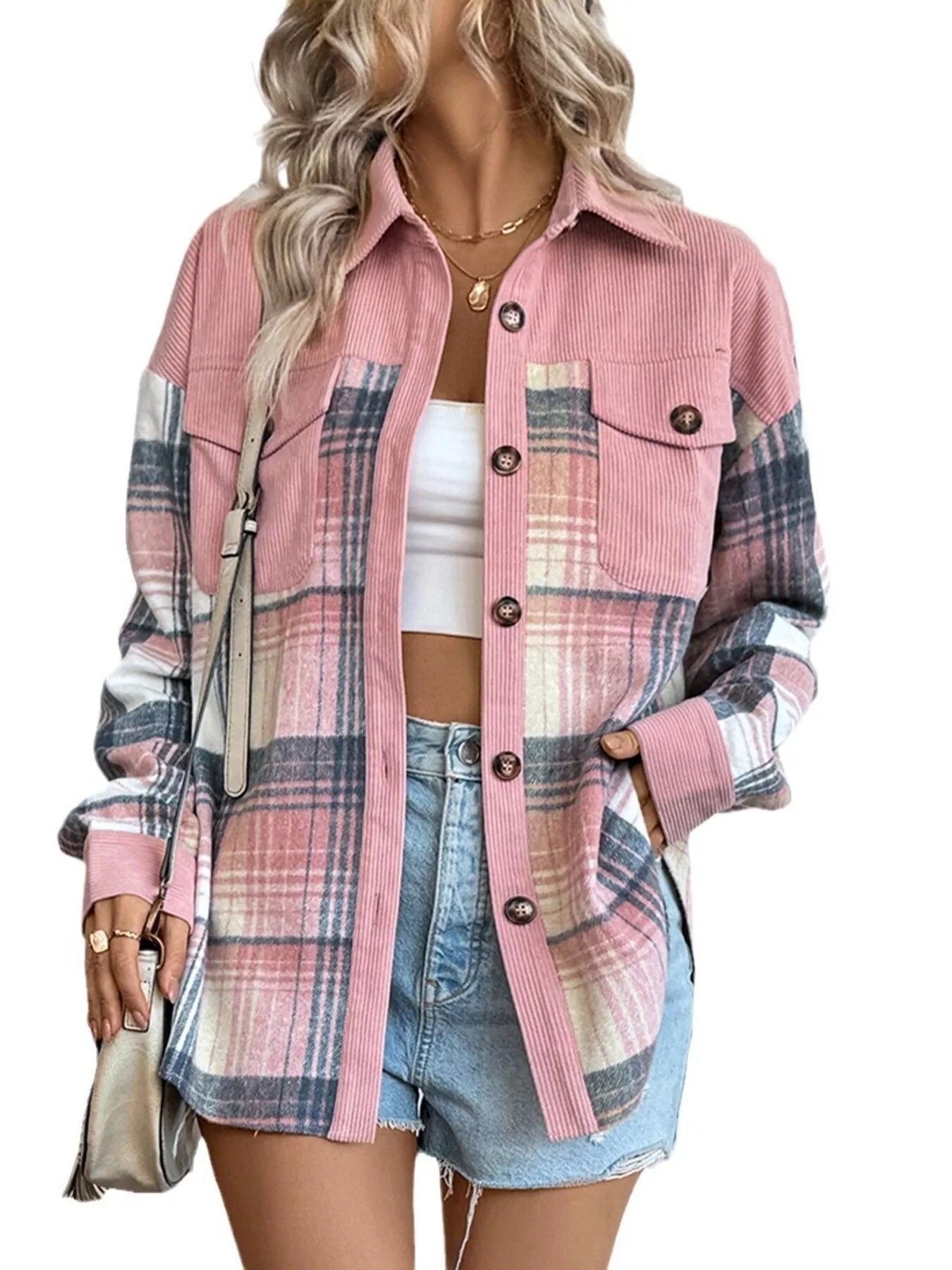 Sarah Express Women's Plaid Button-Up Shacket with Chest Pockets