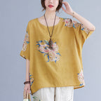 Women's Cotton Linen Printed Top Oversized Short Sleeve Summer Casual Relaxed Fit
