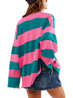 Sarah Express Women's Striped Half-Zip Oversized Sweatshirt - Retro Color Block Pullover