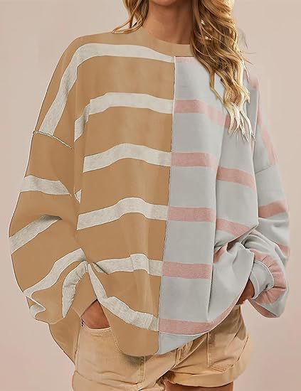 Women's Striped Knit Sweater Long Sleeve Pullover Loose Fit Acrylic