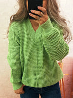 Sarah Express Women's V-Neck Textured Knit Sweater Green One Size