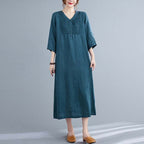 Cotton Linen V-Neck Midi Dress A-Line Retro