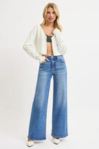 Sarah Express women’s plus size high rise wide leg jeans in a medium blue wash.
