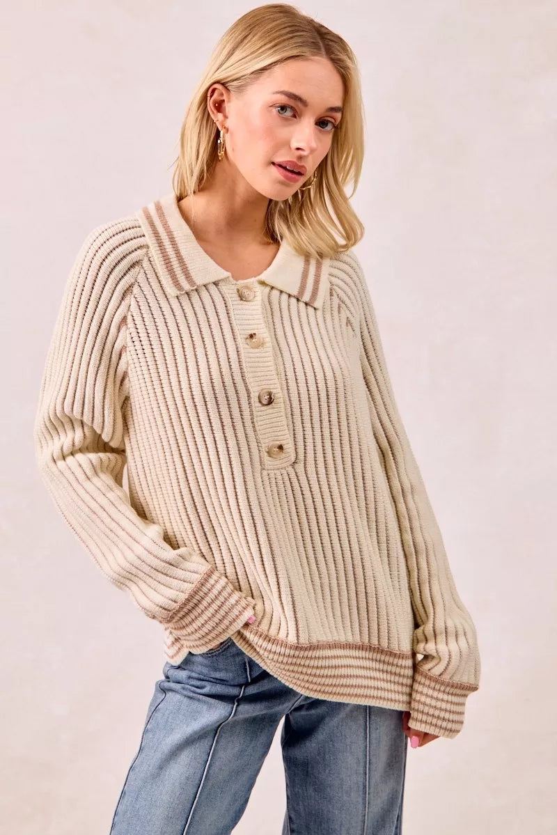Sarah Express Women’s Two Tone Ribbed Sweater with Half Button Collar