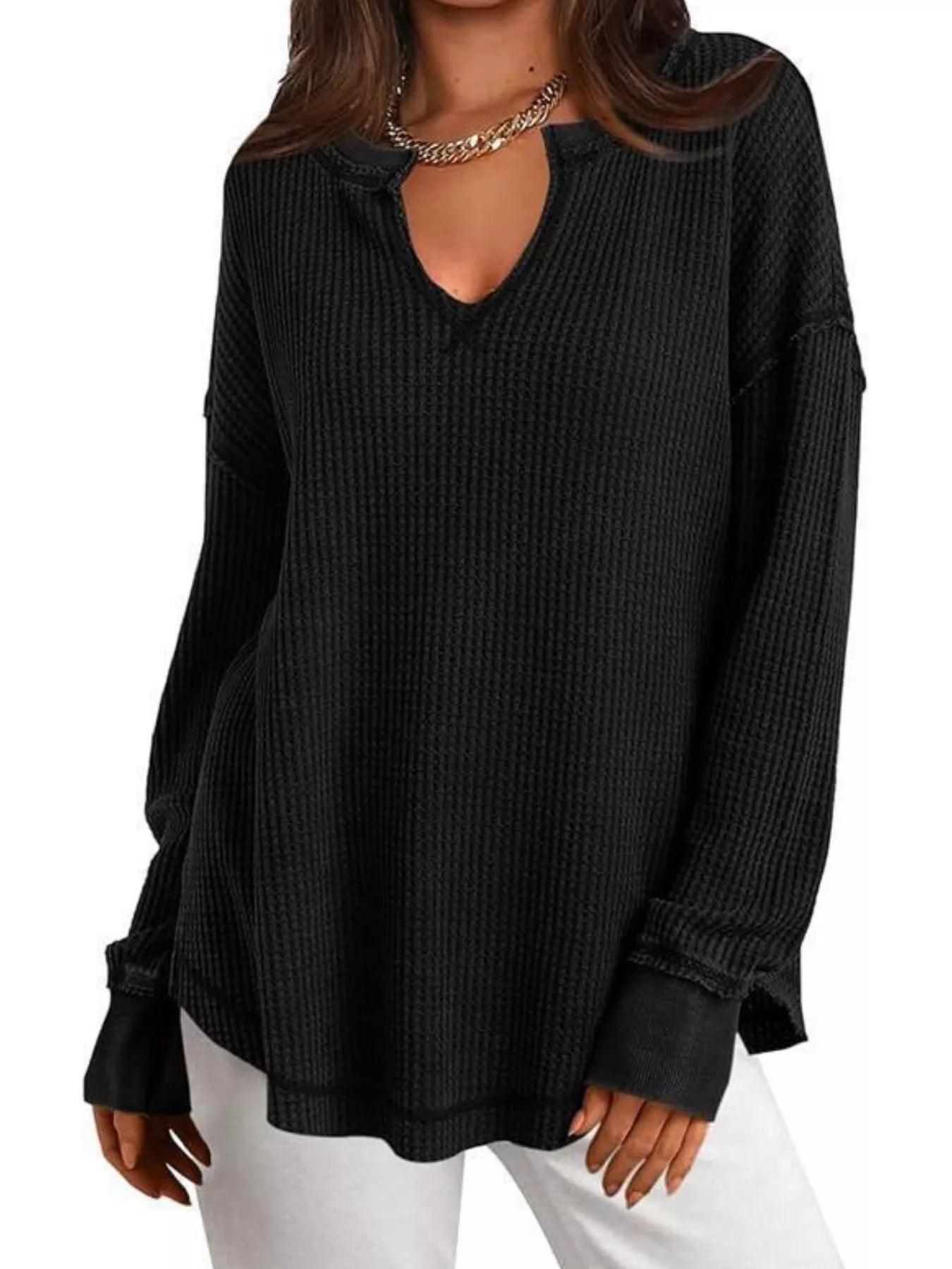 Sarah Express Women's Waffle Knit Long Sleeve Sweatshirt Black