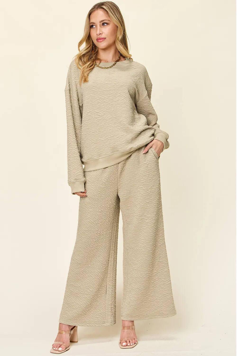 Sarah Express Women's Textured Long Sleeve Top and Pants Lounge Set