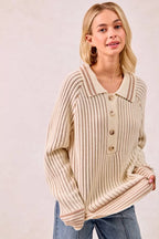 Sarah Express Women’s Two Tone Ribbed Sweater with Half Button Collar