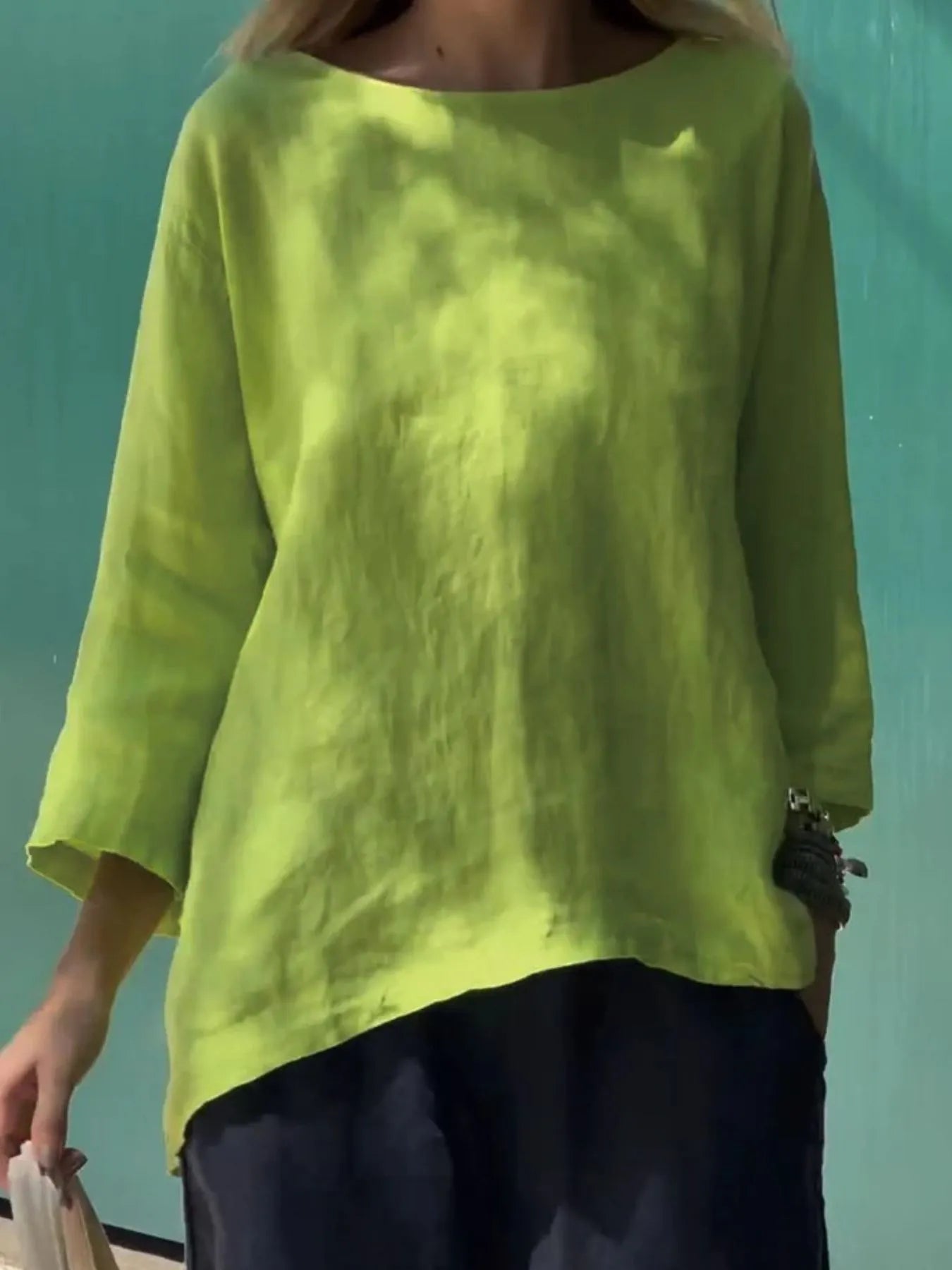 Sarah Express Women's Round Neck Relaxed Fit Blouse Plus Size Lime