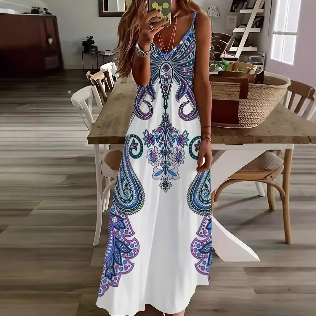 Women's V-Neck Sleeveless Maxi Dress Artistic Print