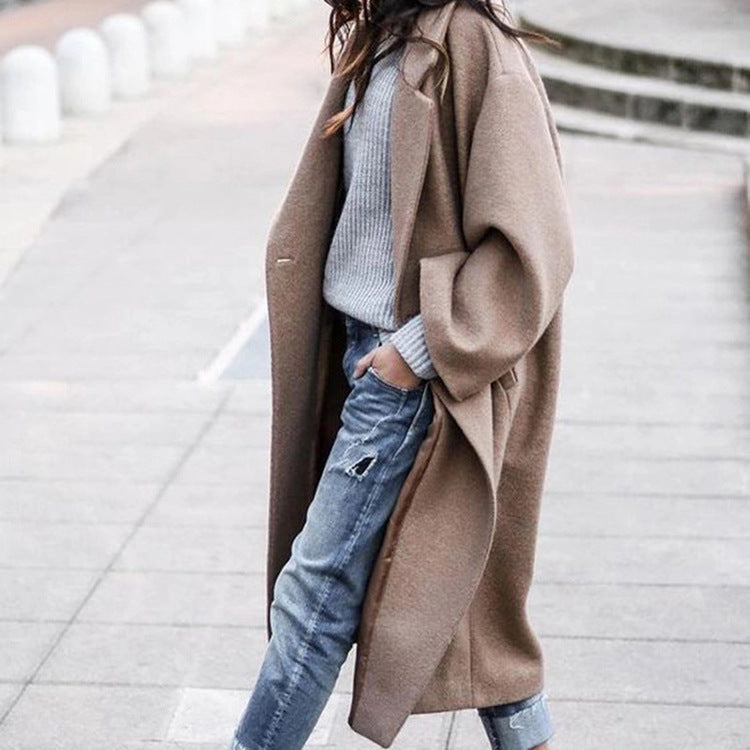 Women's Single Breasted Woolen Lapel Coat with Pockets Long Winter Jacket