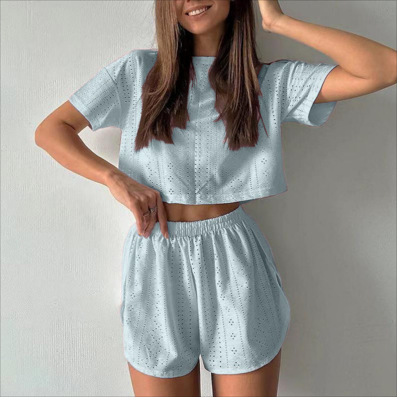 Women's Two-Piece Hollow Crop Top Shorts Set Athleisure