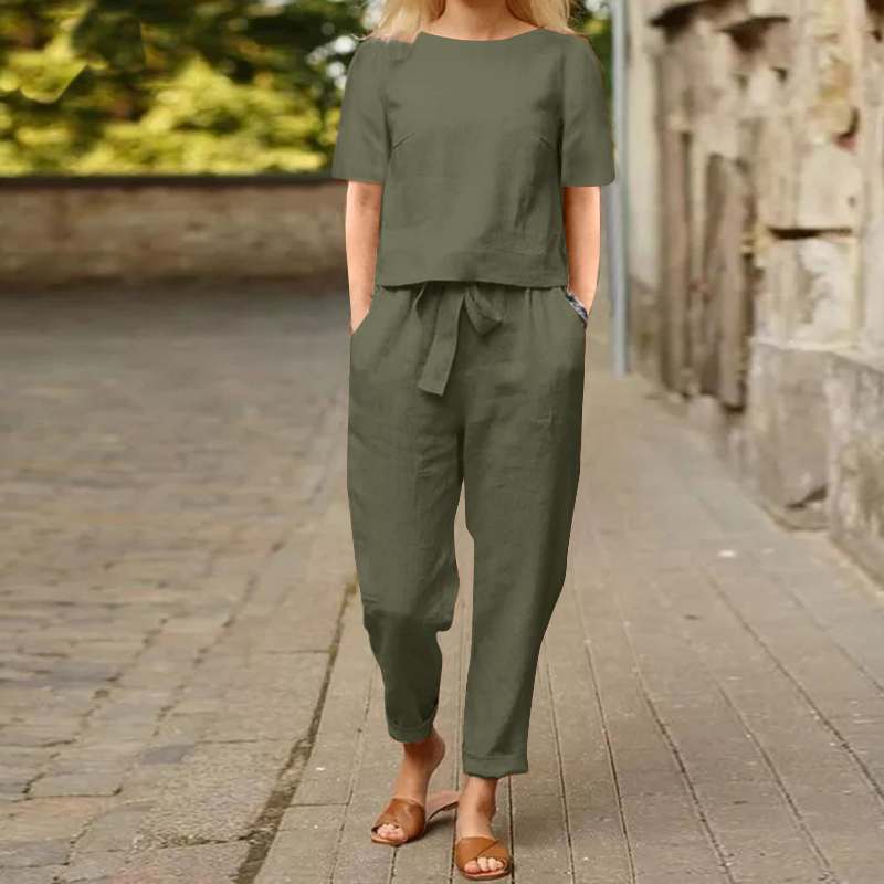 Women's Cotton Linen Top and Wide-Leg Pants Two-Piece Casual Set