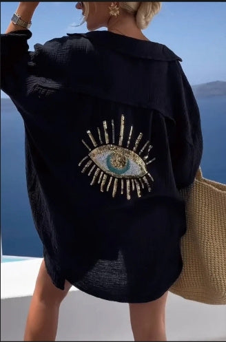 Sequin Beaded Beach Cardigan Shirt Long Sleeve Loose Fit