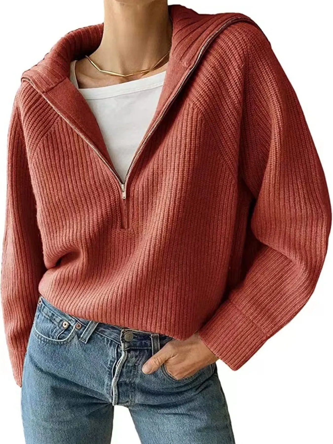 Sarah Express Women's Half-Zip Long Sleeve Sweater Rust