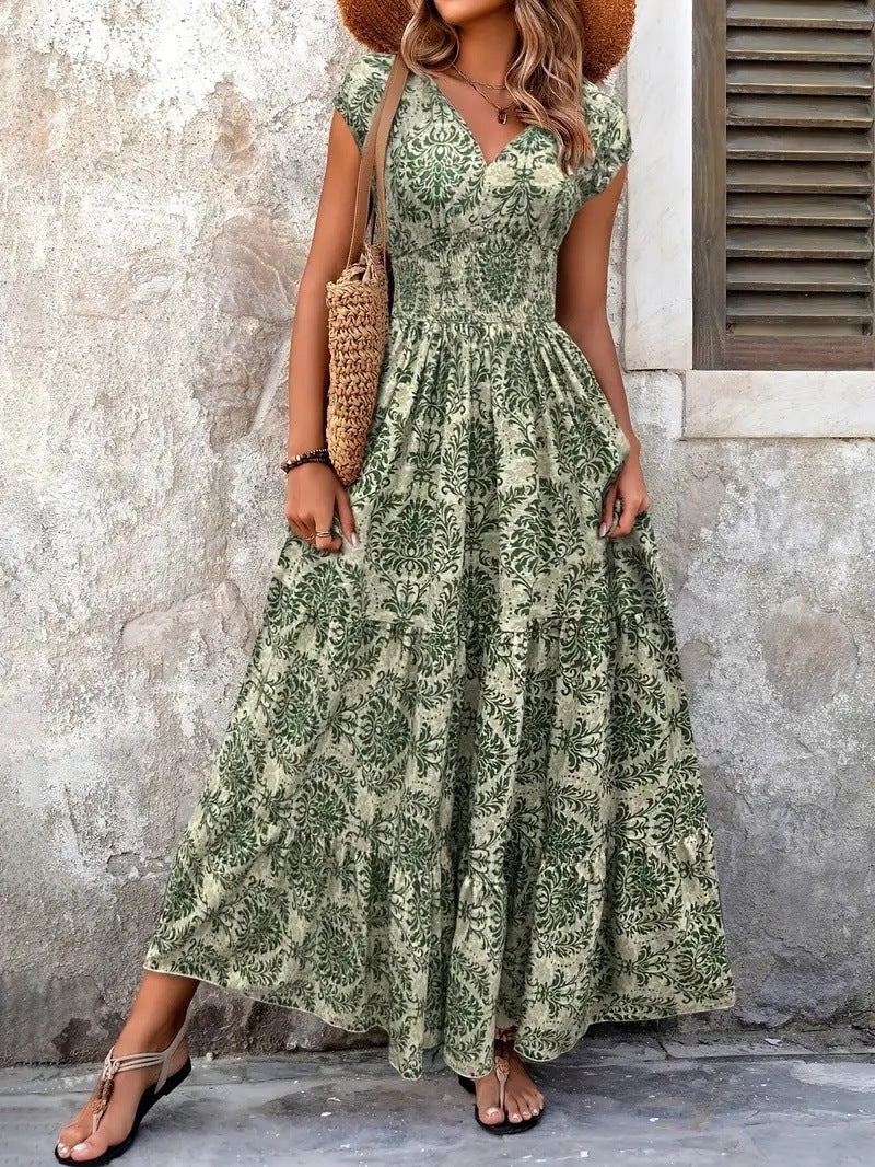Women's V-Neck Puff Sleeve High Waist Maxi Dress with Flowing Hem