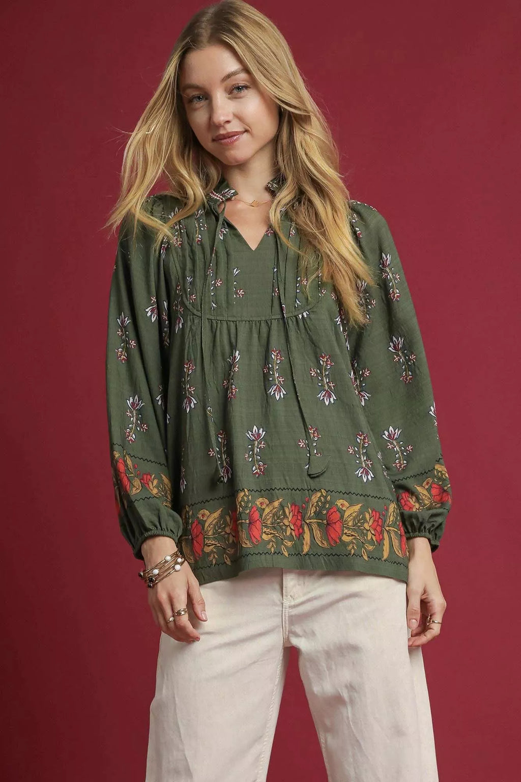 Sarah Express Women's Floral Boho Peasant Blouse FOREST GREEN