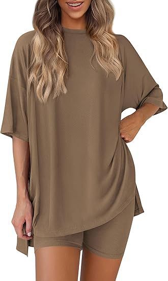 Women's Crew Neck Lounge Set Split Detail Shorts