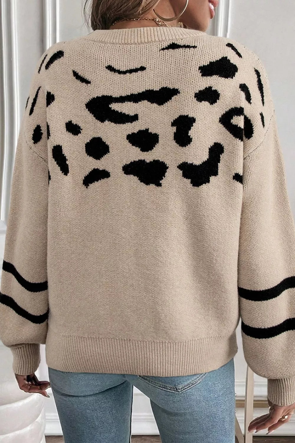 Sarah Express Women's Leopard Round Neck Dropped Shoulder Sweater