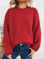 Sarah Express Women's Contrast Trim Round Neck Cozy Sweater