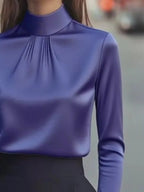 Sarah Express Women's Mock Neck Long Sleeve Blouse with Pleated Detail