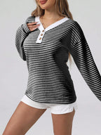 Sarah Express Women's Striped Button Detail Long Sleeve Ribbed Top
