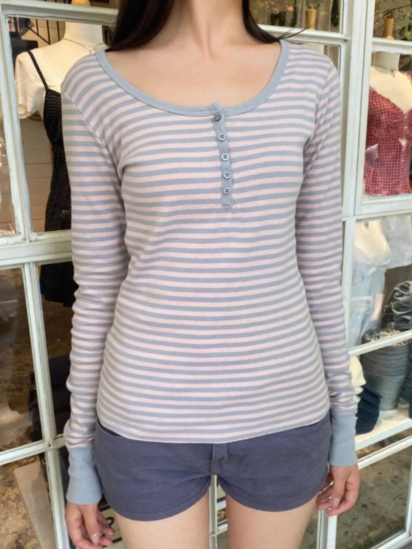 Sarah Express Women's Striped Long Sleeve Henley T-Shirt Beige