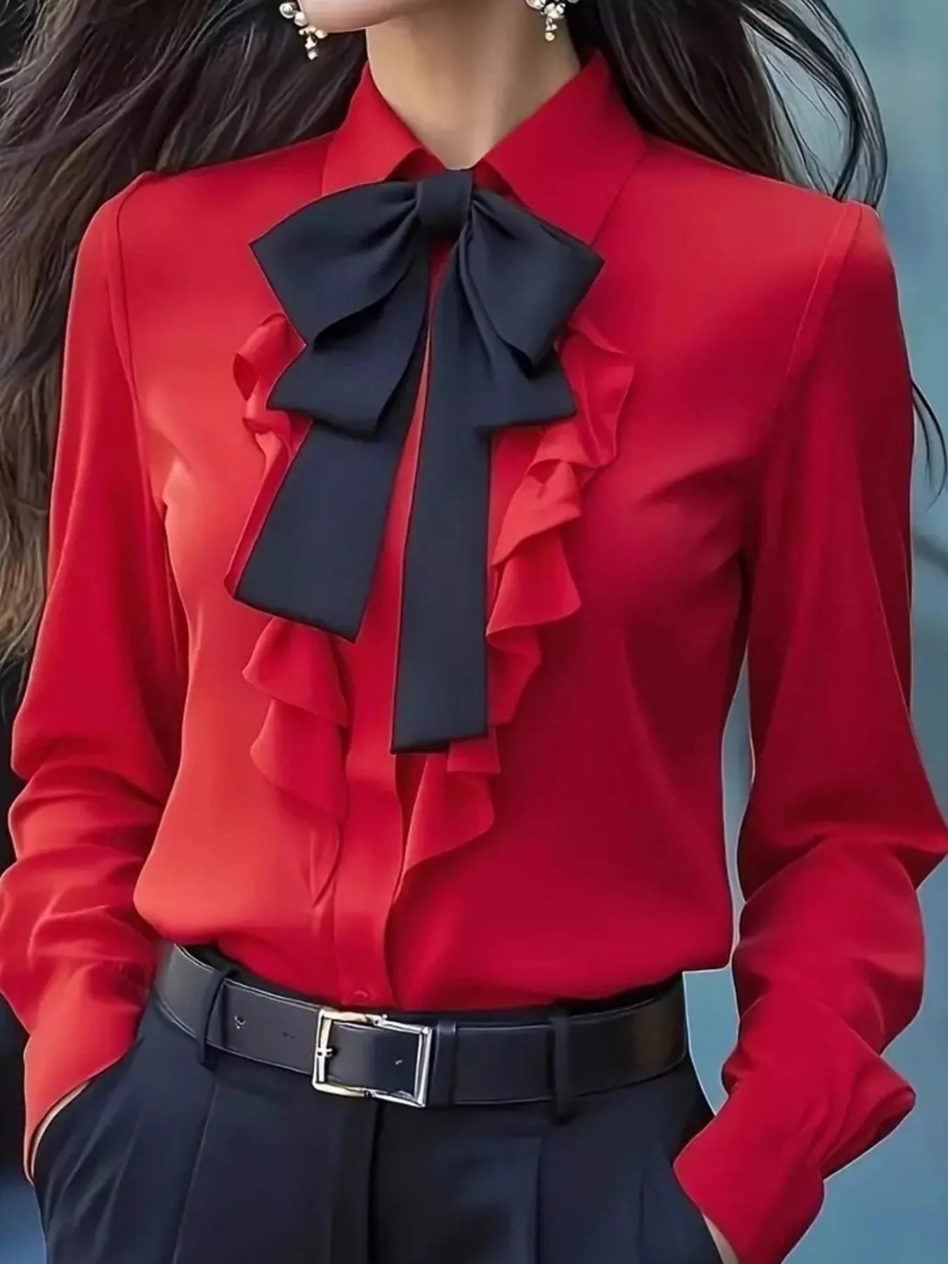 Sarah Express Women's Ruffled Tie Front Long Sleeve Blouse Red