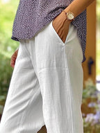 Women's Cotton Straight Leg Pants - Casual Mid-Waist Loose Fit Trousers
