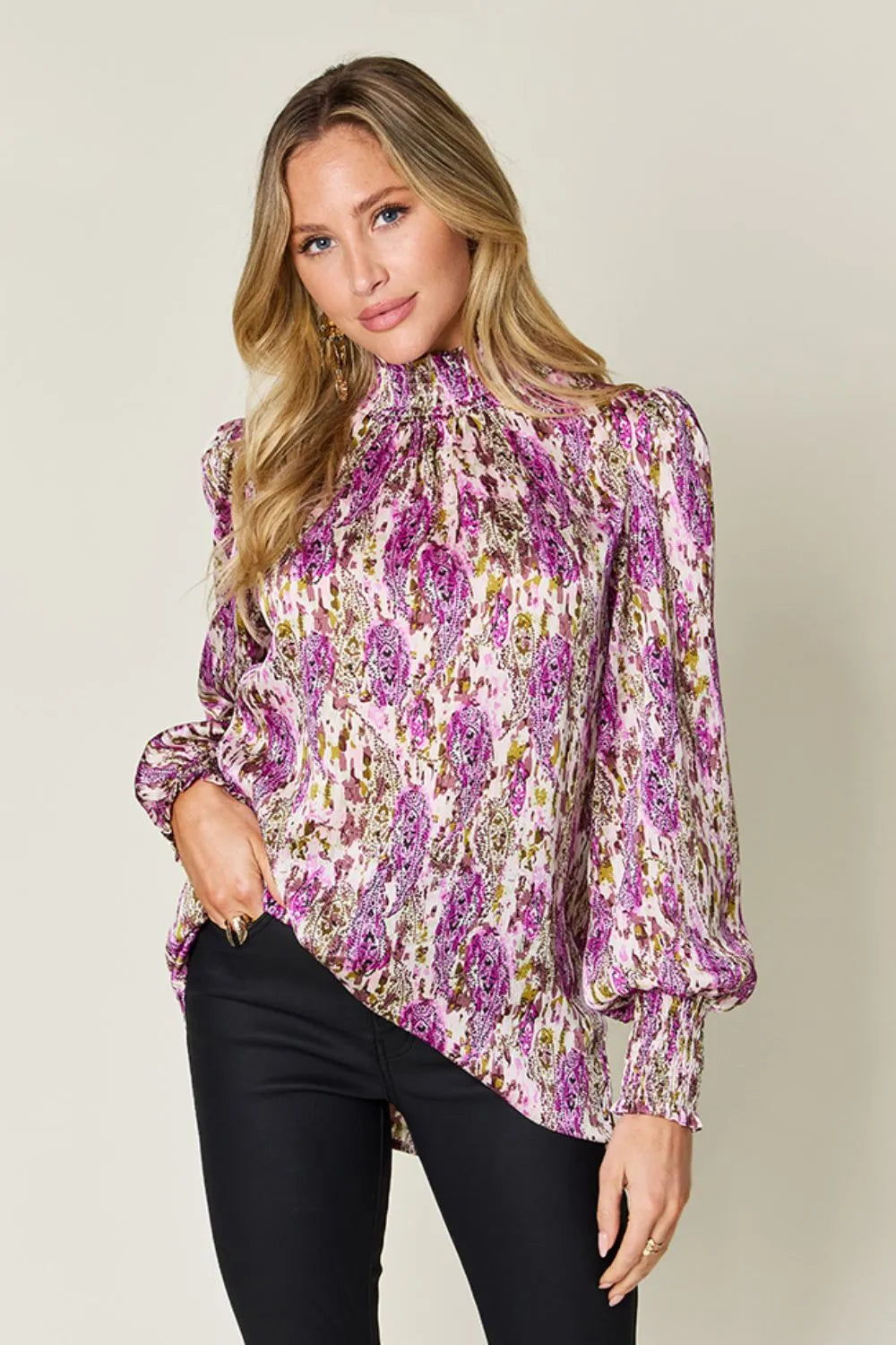 Sarah Express Women's Printed Smocked Long Sleeve Blouse Red-Violet