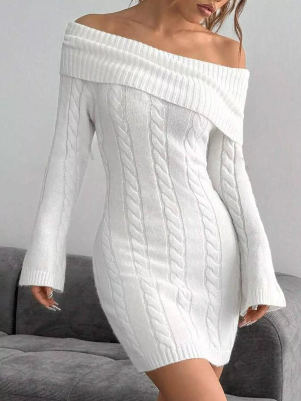 Sarah Express Women's Off-Shoulder Cable Knit Bodycon Sweater Dress White